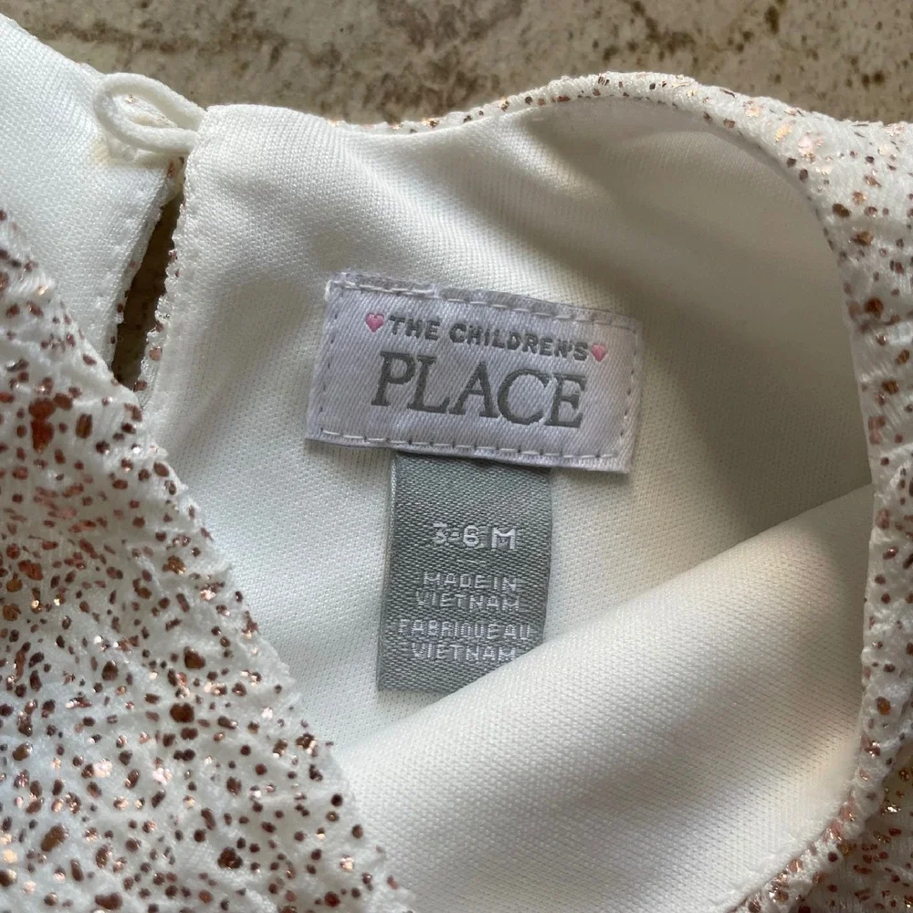 The Children's Place Girls Foil Rose Gold‎ Knit To Woven white Dress 3-6 months